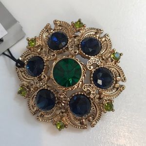 Signed Sapphire Blue and Green Rhinestone Brooch